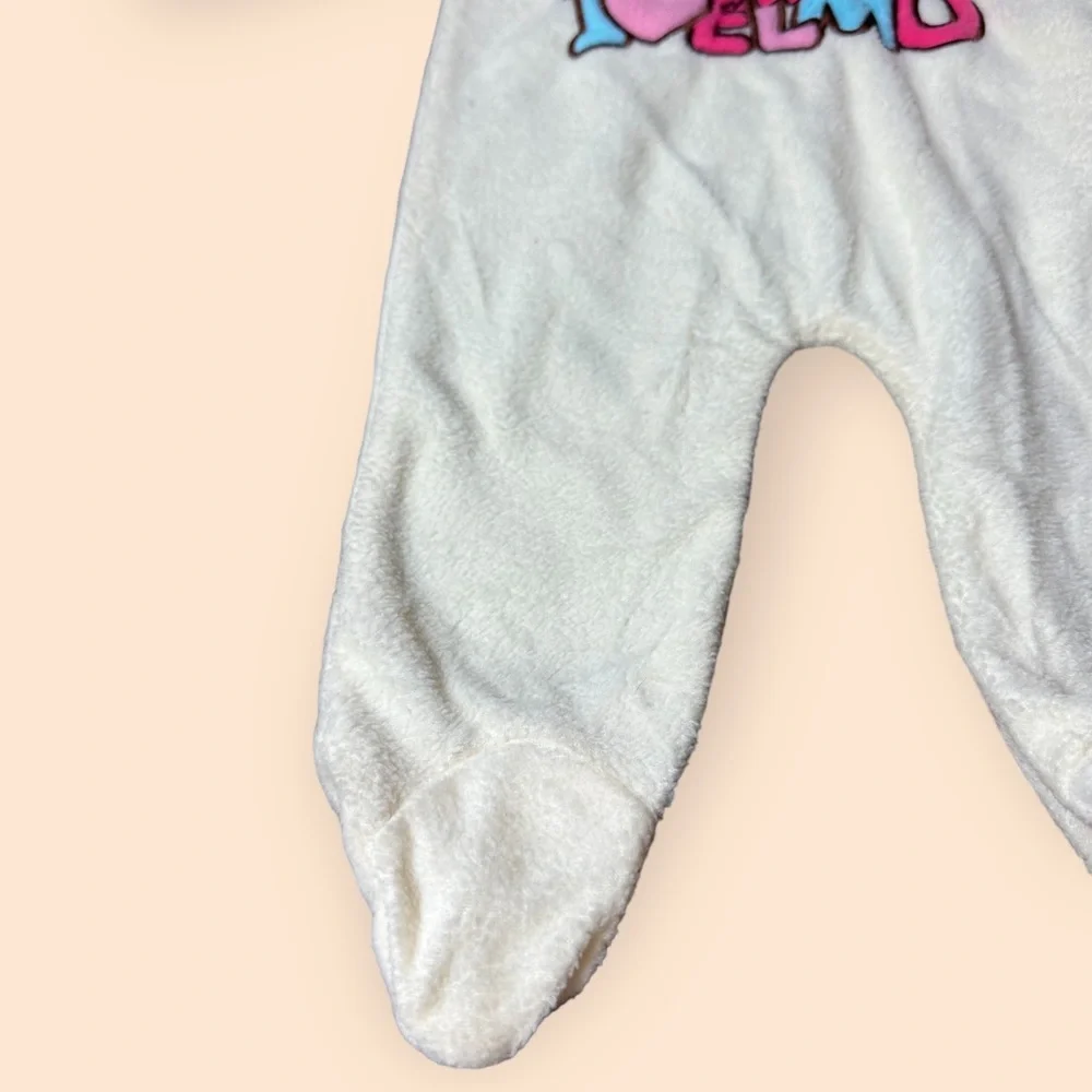 Baby Sesame Street I Love Elmo Cream Fleece Footie One Piece W/Hood Sz 3-6 Mon - Picture 7 of 9